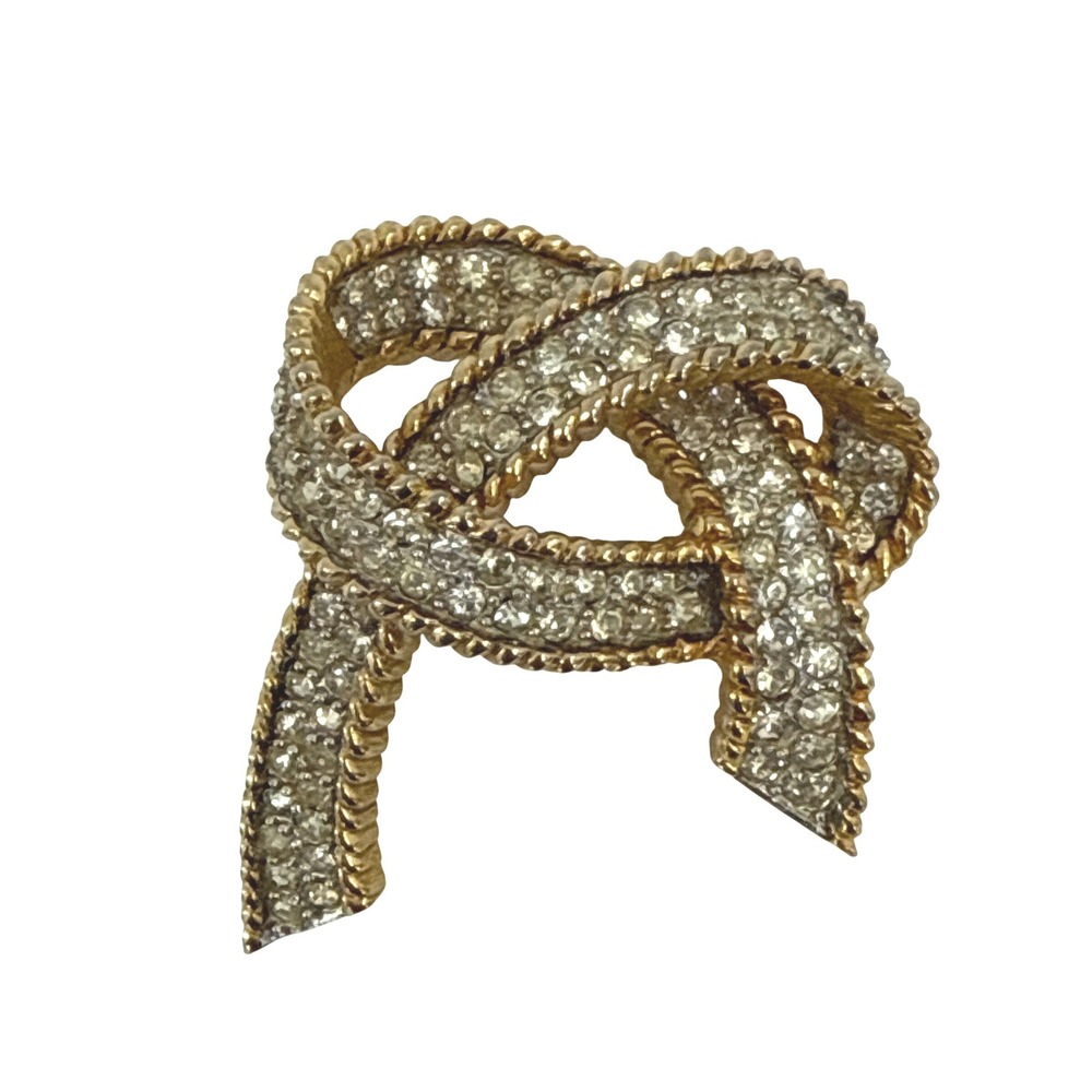 Jomaz Brooch Womens Gold Rhinestone Pave Knot‎ Pin Vintage Textured Statement
